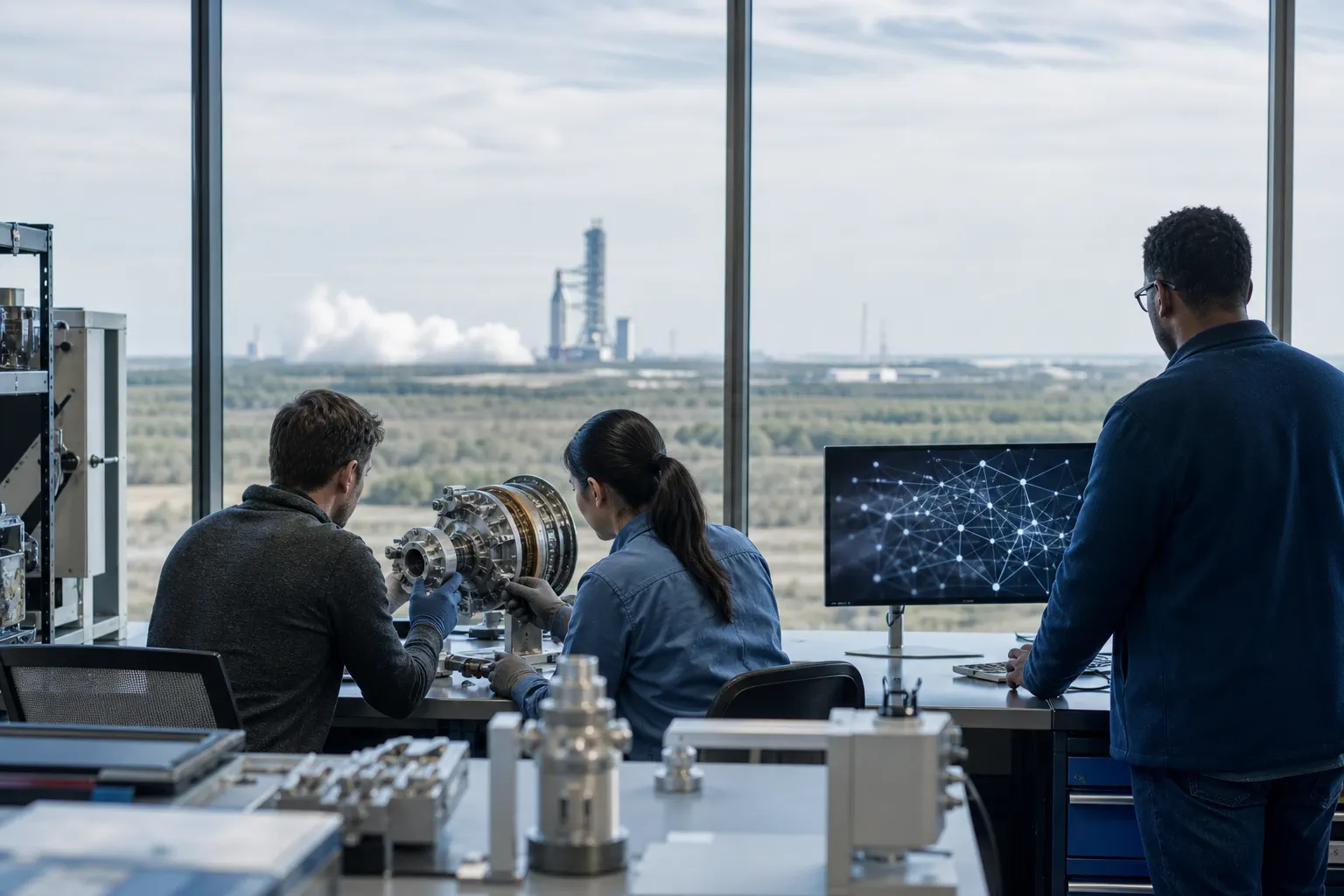 Engineers and researchers collaborating in a Huntsville aerospace research environment