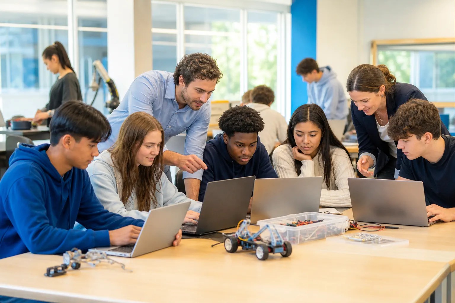 Students and educators building AI literacy in a campus innovation classroom