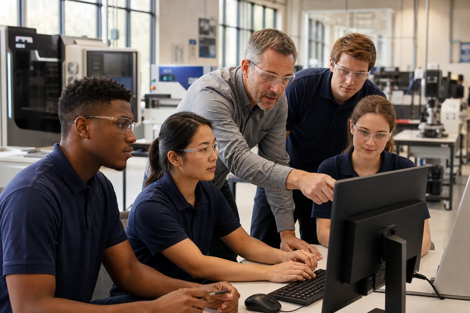 Workers and an instructor collaborating in an advanced manufacturing AI training lab