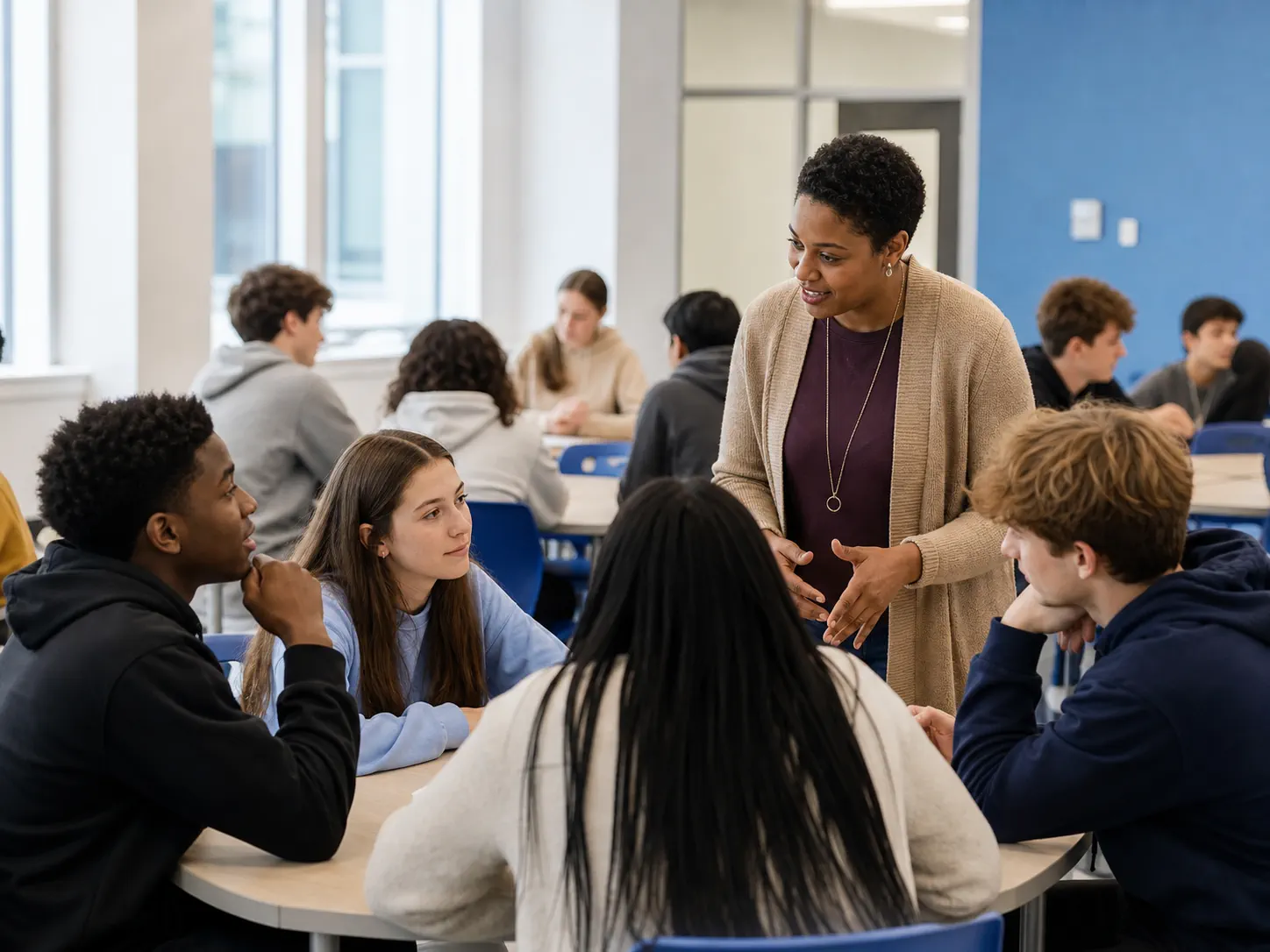 Students and an educator in an interactive AI classroom session