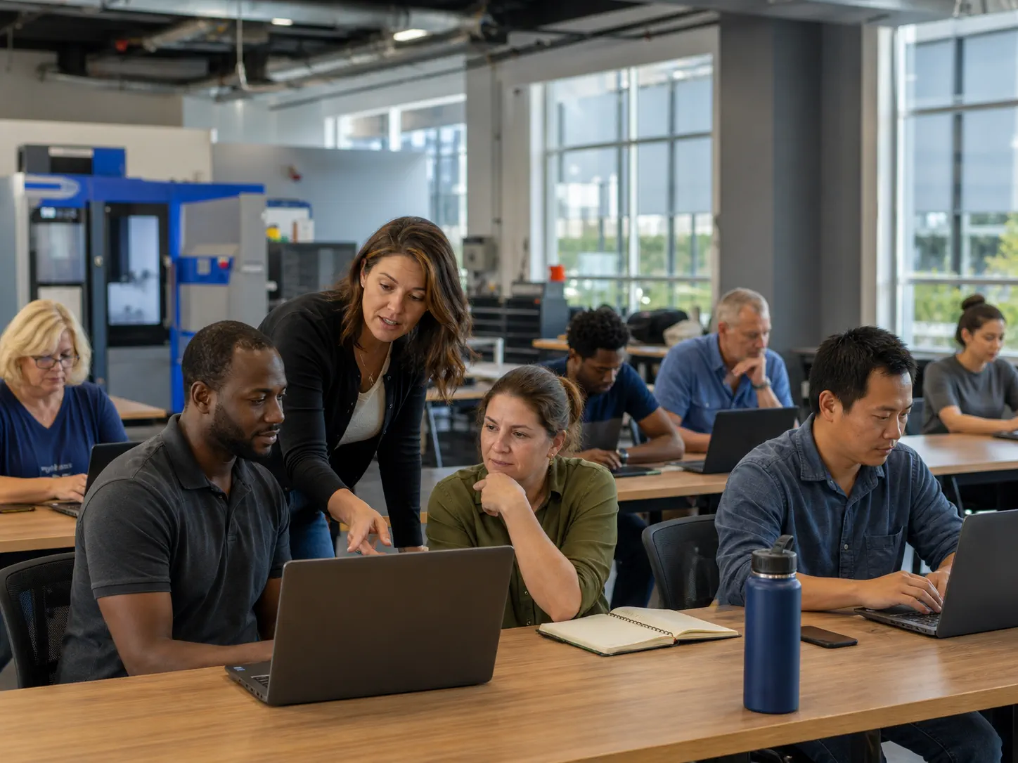 Professionals in a hands-on workplace AI training session