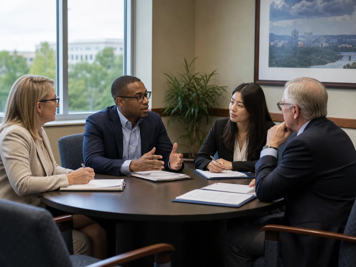 Legal, civic, and technology professionals discussing responsible AI policy