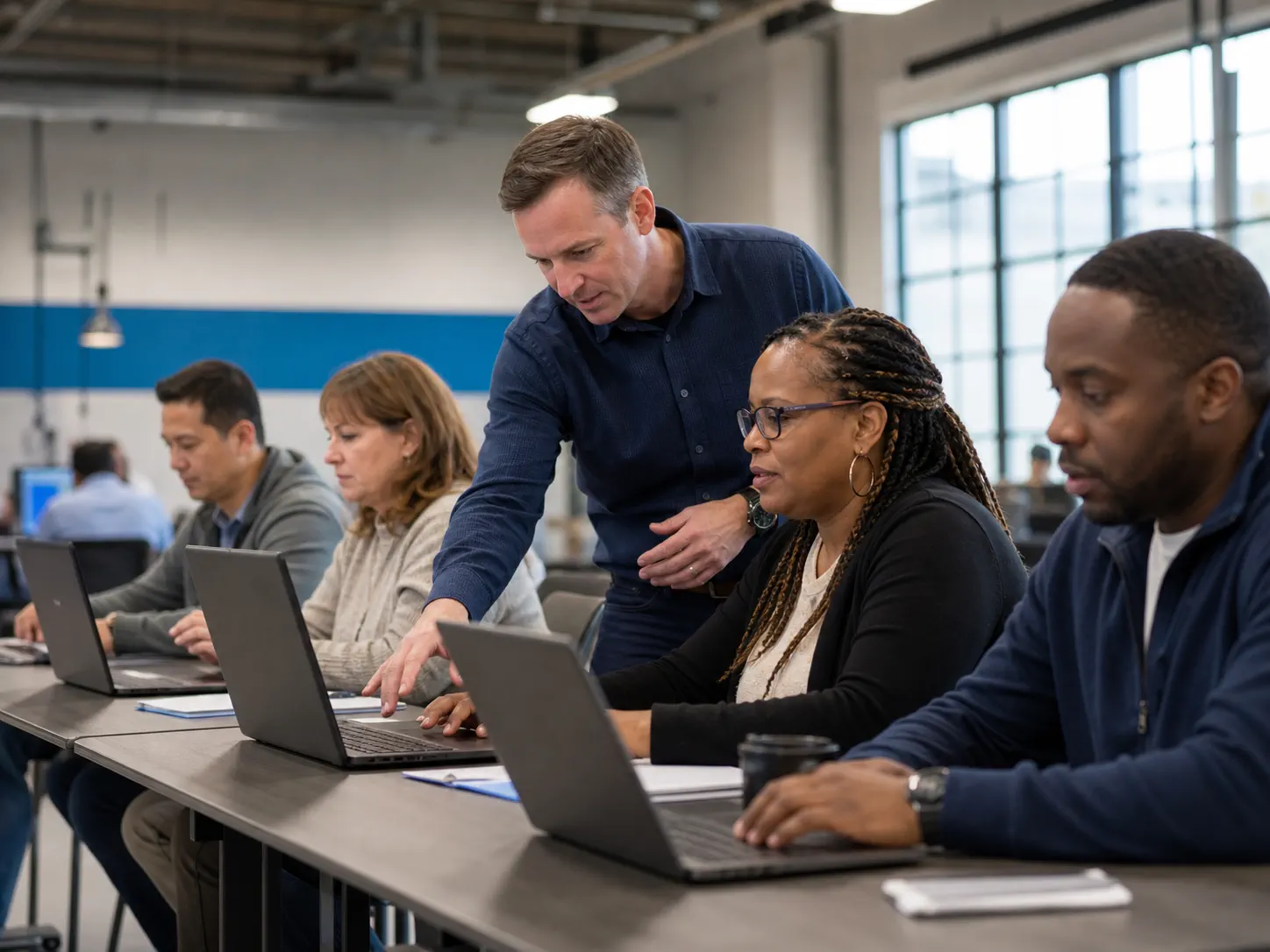 Working professionals taking part in a practical AI training session